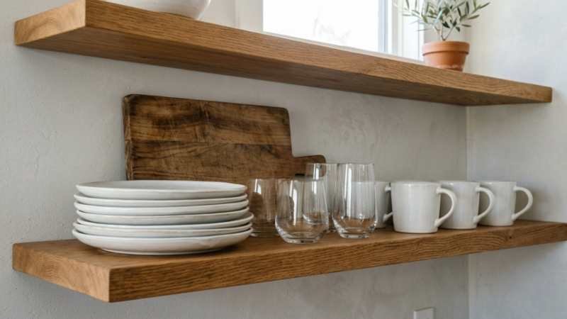 Kitchen shelf with white dishes glassware and cutting board