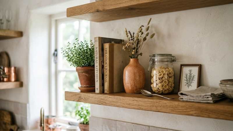 Decorative accents on styled kitchen shelf