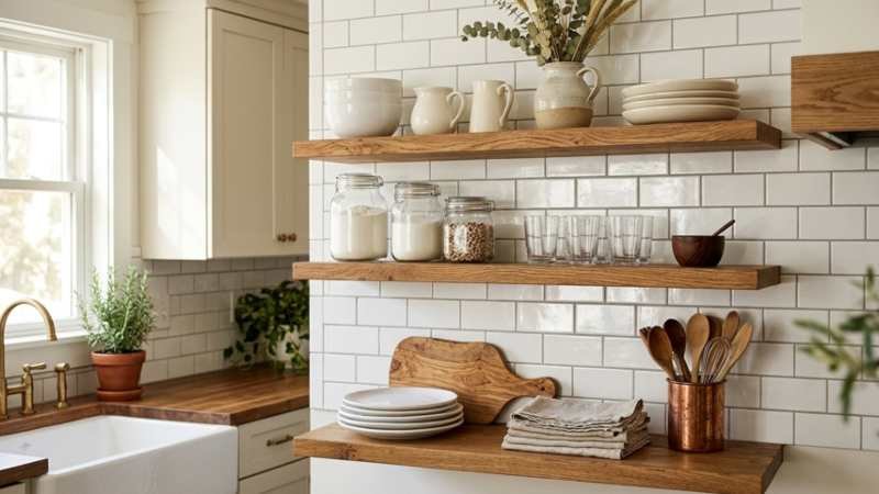 Neutral color palette on kitchen open shelves